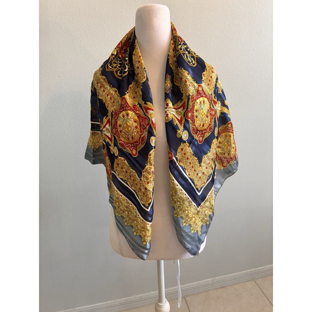 VTG Lucky 100% Silk Scarf Large Baroque Medallion Blue Gold Satin Stripe Border - Picture 10 of 16